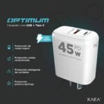 CARGADOR CELULAR XAEA OPTIMUM USB-C + USB-A 45W-PD MOD-501 - Imagen 4