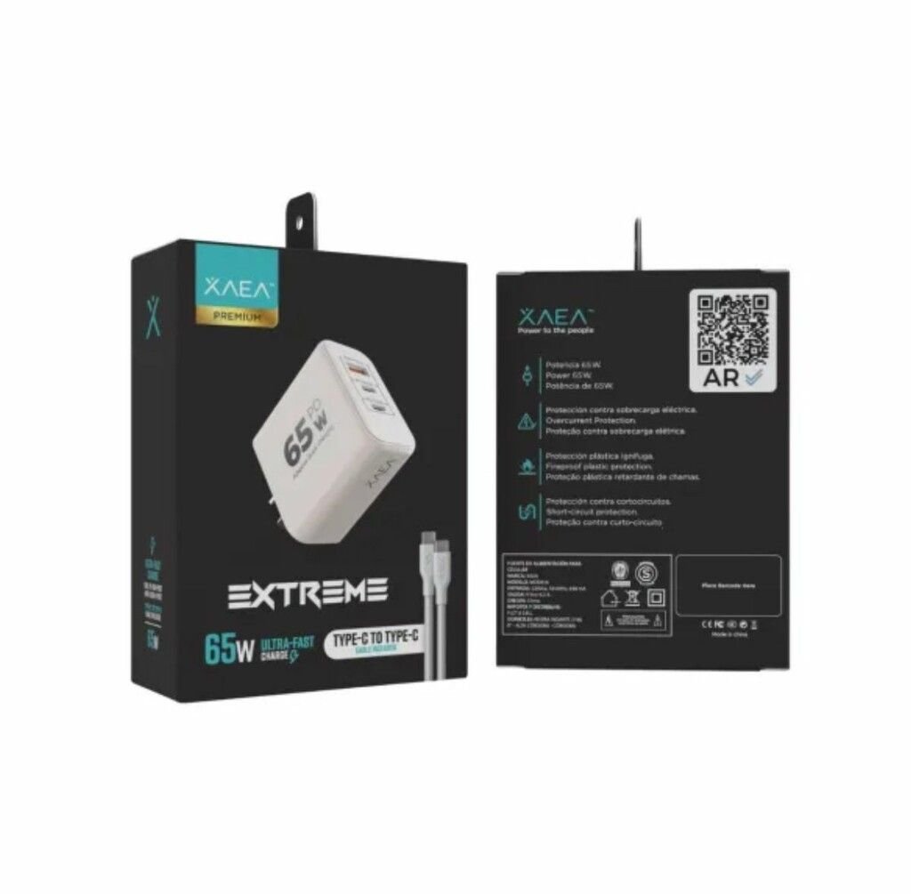CARGADOR CELULAR XAEA EXTREME 65W + CABLE USB-C MOD616 CARGADOR CELULAR XAEA EXTREME 65W + CABLE USB-C MOD616 - Imagen 1