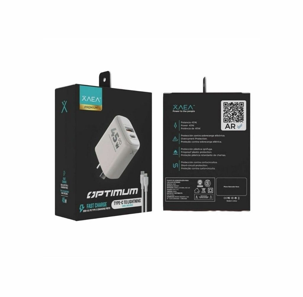 CARGADOR CELULAR XAEA OPTIMUM 45W + CABLE LIGHTNING MOD501 CARGADOR CELULAR XAEA OPTIMUM 45W + CABLE LIGHTNING MOD501 - Imagen 1