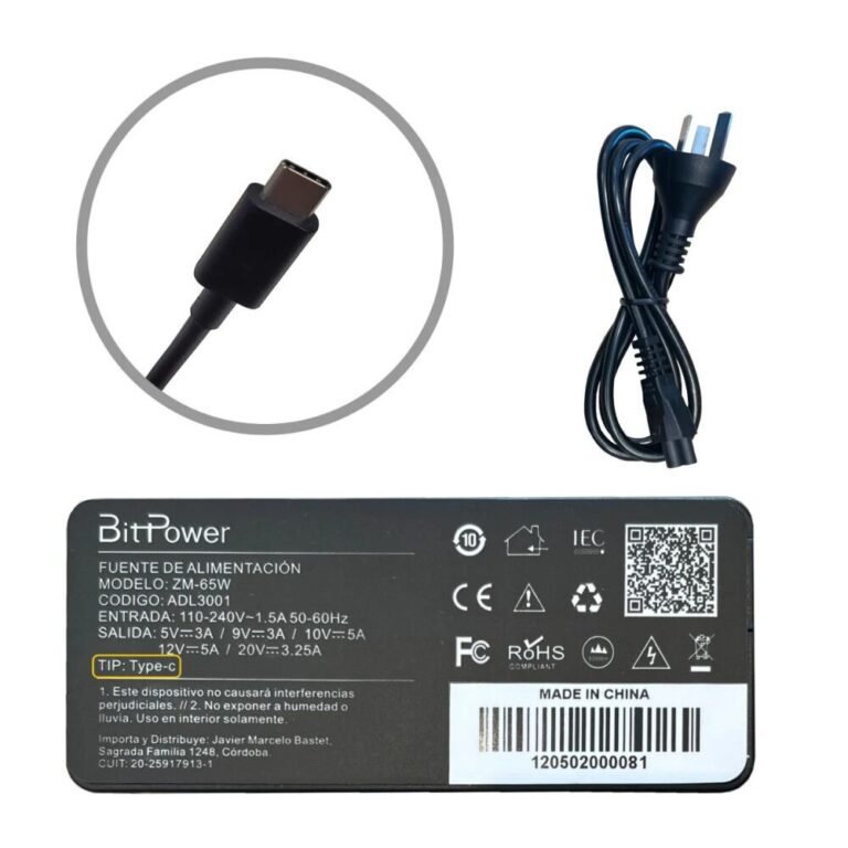 CARGADOR BITPOWER PIN USB-C LENOVO DELL 20V 3.25A